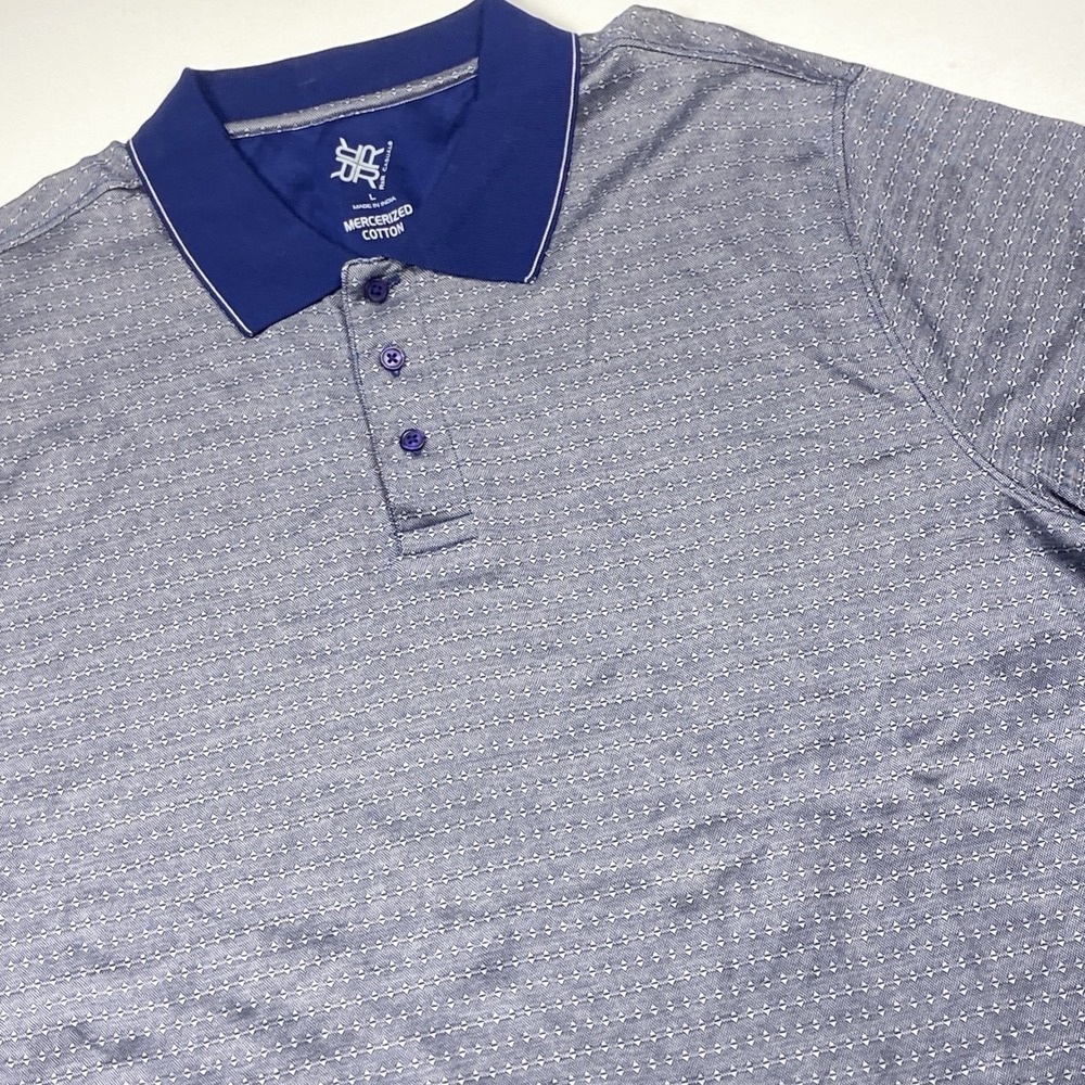 R&R Casuals Polo Shirt Size L Blue Geometric Mercerized Cotton Golf Prep Top